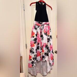 Leslie Fay Pink and Black Floral Halter Backless Formal Gown